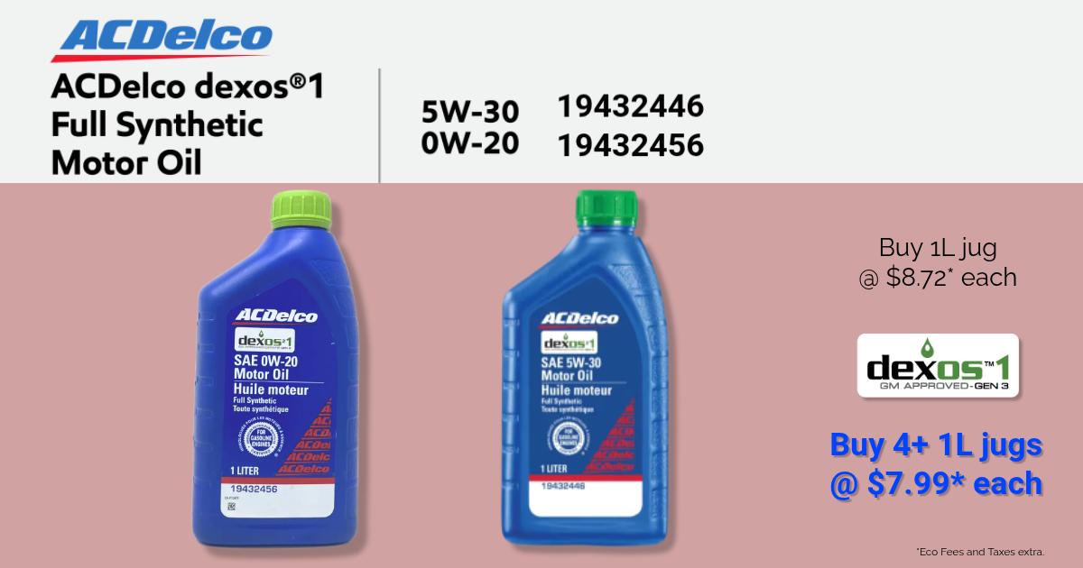 ACDelco dexos1 GEN 3 full synthetic engine oils showing 0W‑20 part 19432456 and 5W‑30 part 19432446 in 1‑liter bottles